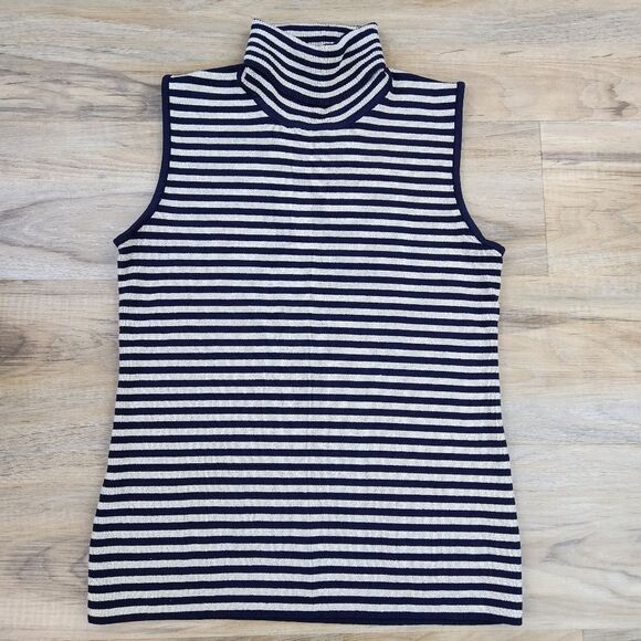 ☔️🔺️Grace Metallic Gold & Blue Striped Turtleneck Sleeveless Top Large - Picture 1 of 9